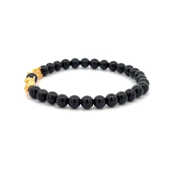 18K Gold Dragon Pixiu Double Piyao Lucky Charm Bracelet Gemstones Obsidian 6mm - Picture 3 of 5